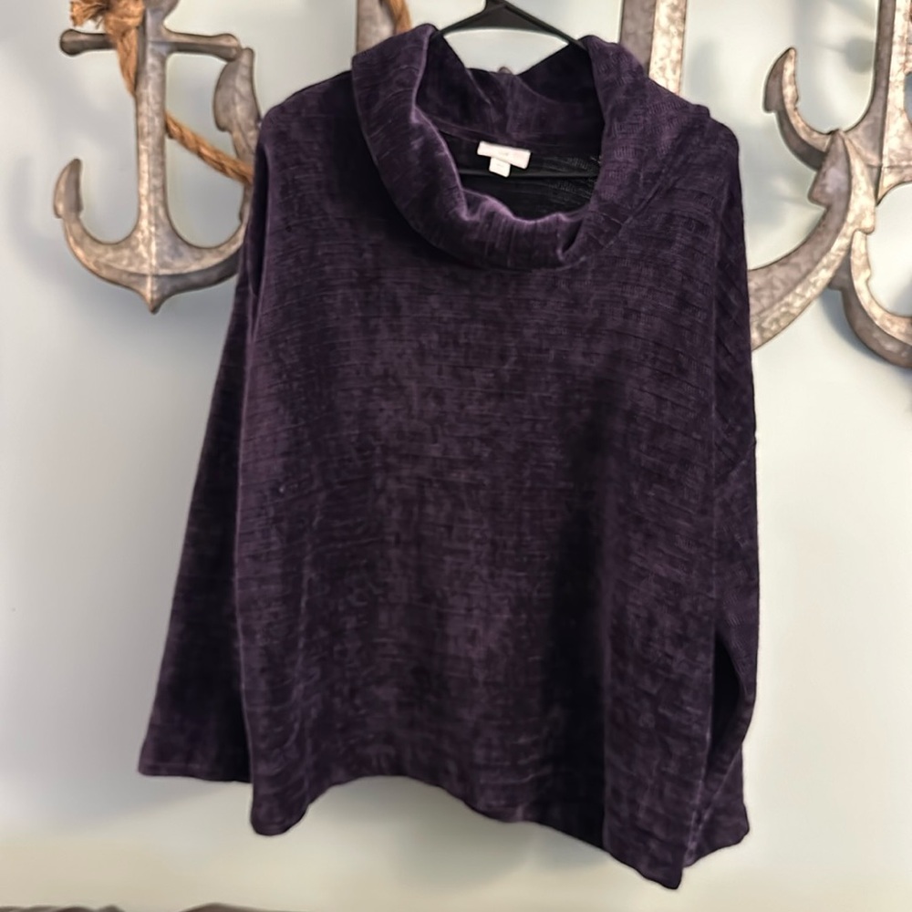 J.Jill Purple Cowl Neck Ribbed Chenille Pullover Sweater Tunic Size L Petite